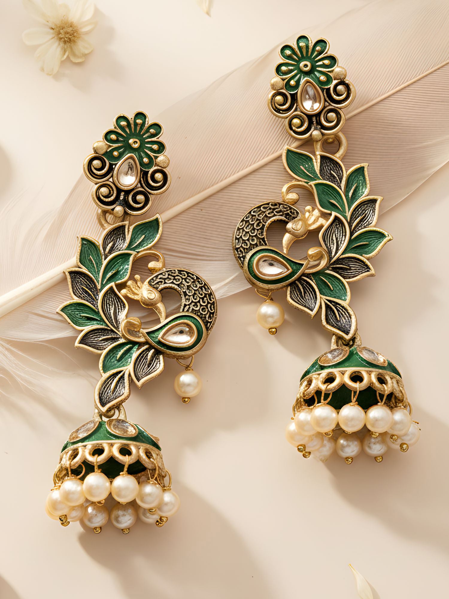 Karatcart Gold Plated Peacock Shape Green Kundan Dangler Jhumki Earrings for Women
