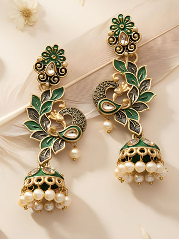 Karatcart Gold Plated Peacock Shape Green Kundan Dangler Jhumki Earrings for Women