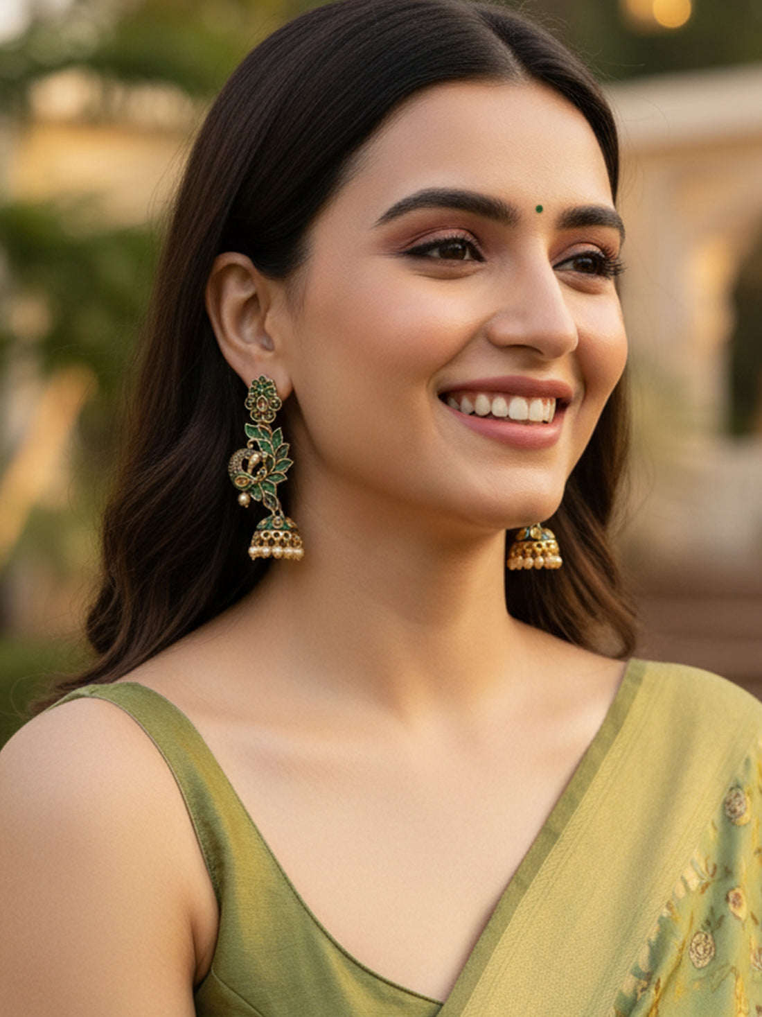 Karatcart Gold Plated Peacock Shape Green Kundan Dangler Jhumki Earrings for Women