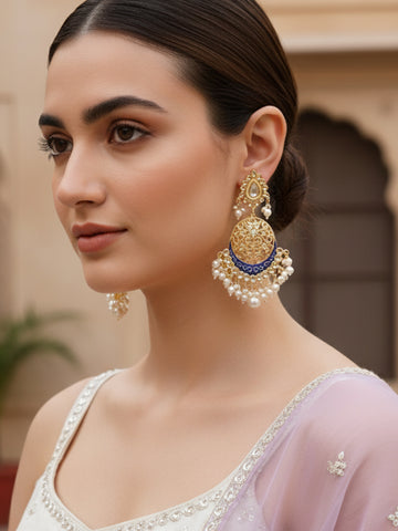 Karatcart Gold Plated Handcrafted Blue Meena and Pearl Dangler Earrings for Women