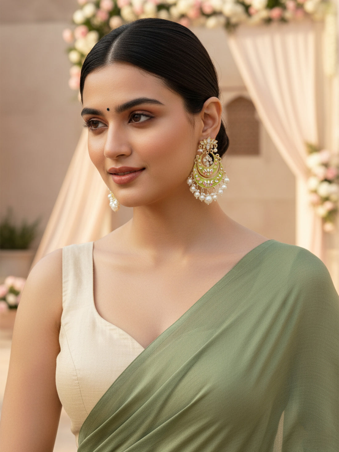 Karatcart Gold Plated Light Green Meena Lotus Design Pearl Studded Chandbali Earrings for Women