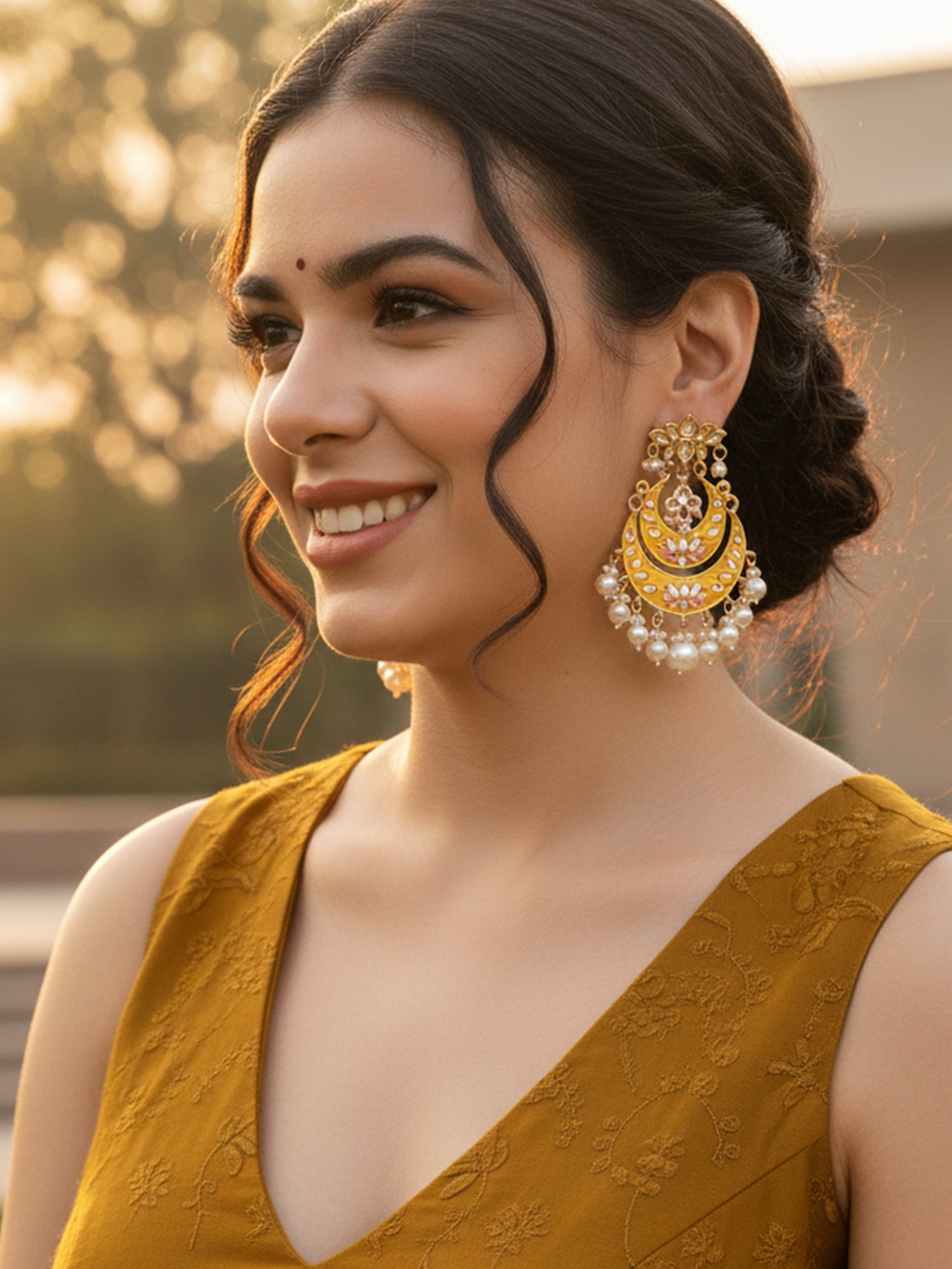 Karatcart Gold Plated Yellow Meena Lotus Design Pearl Studded Chandbali Earrings for Women