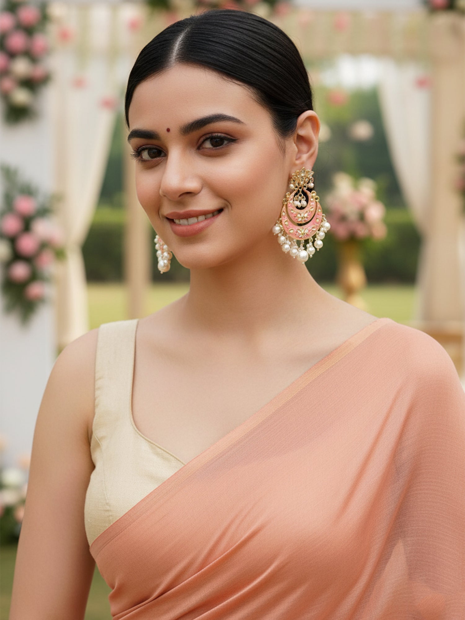 Karatcart Gold Plated Pink Meena Lotus Design Pearl Studded Chandbali Earrings for Women