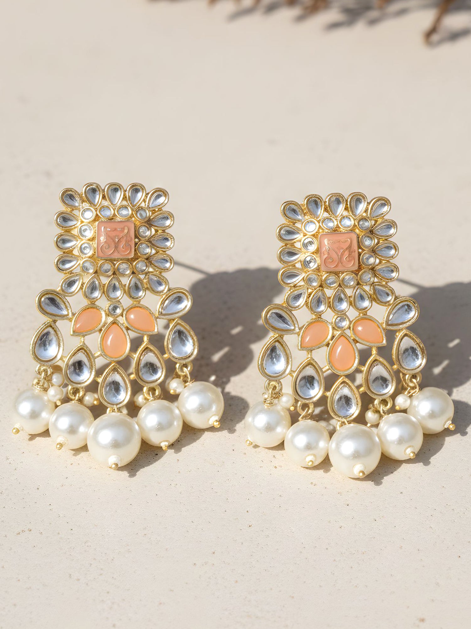 Karatcart Gold Plated Peach and Pearl Studded Kundan Dangler Earrings for Women