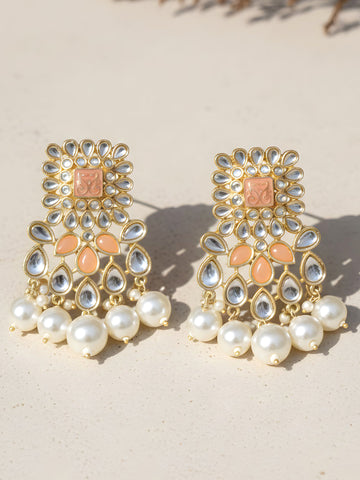 Karatcart Gold Plated Peach and Pearl Studded Kundan Dangler Earrings for Women