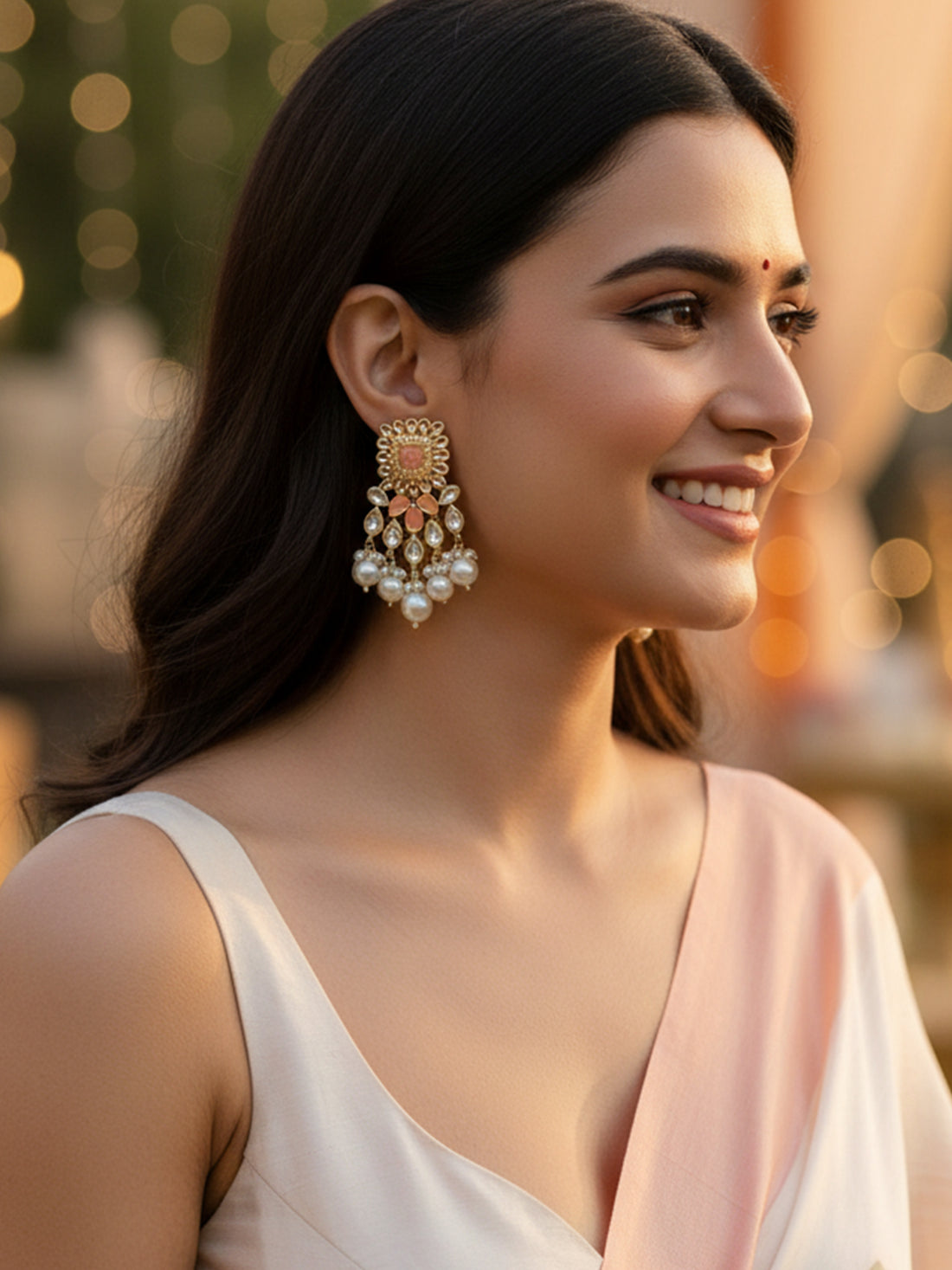 Karatcart Gold Plated Peach and Pearl Studded Kundan Dangler Earrings for Women