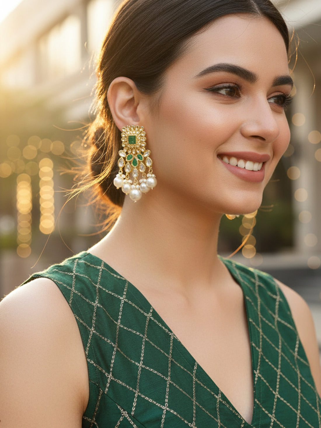 Karatcart Gold Plated Green and Pearl Studded Kundan Dangler Earrings for Women