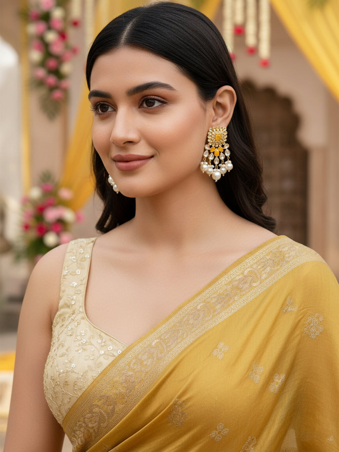 Karatcart Gold Plated Yellow and Pearl Studded Kundan Dangler Earrings for Women