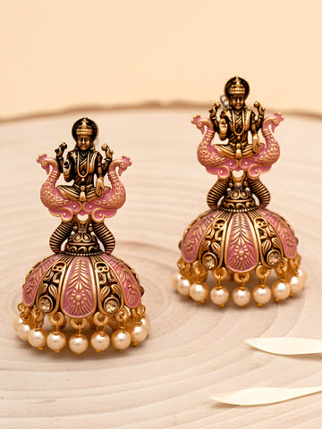 Karatcart Antique Gold Plated Pink Mata Laxmi Jhumki Earrings for Women