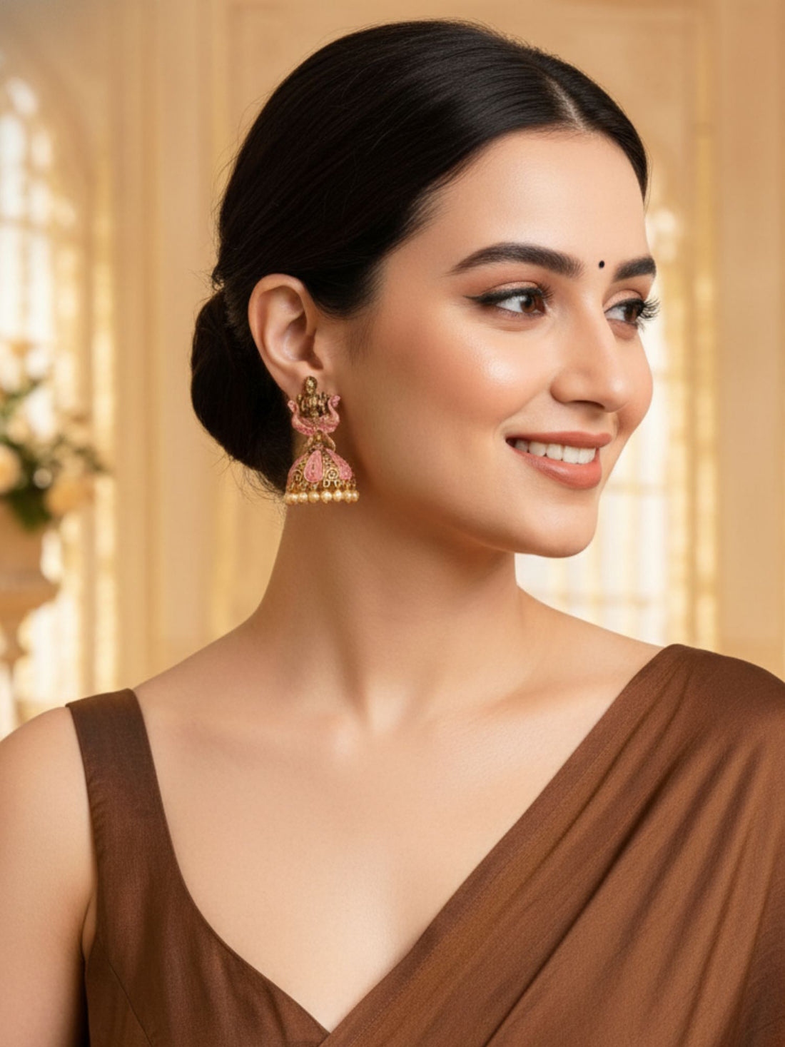 Karatcart Antique Gold Plated Pink Mata Laxmi Jhumki Earrings for Women