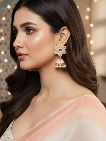 Karatcart Gold Plated Peach Meena Floral Shape Kundan Jhumki Earrings for Women