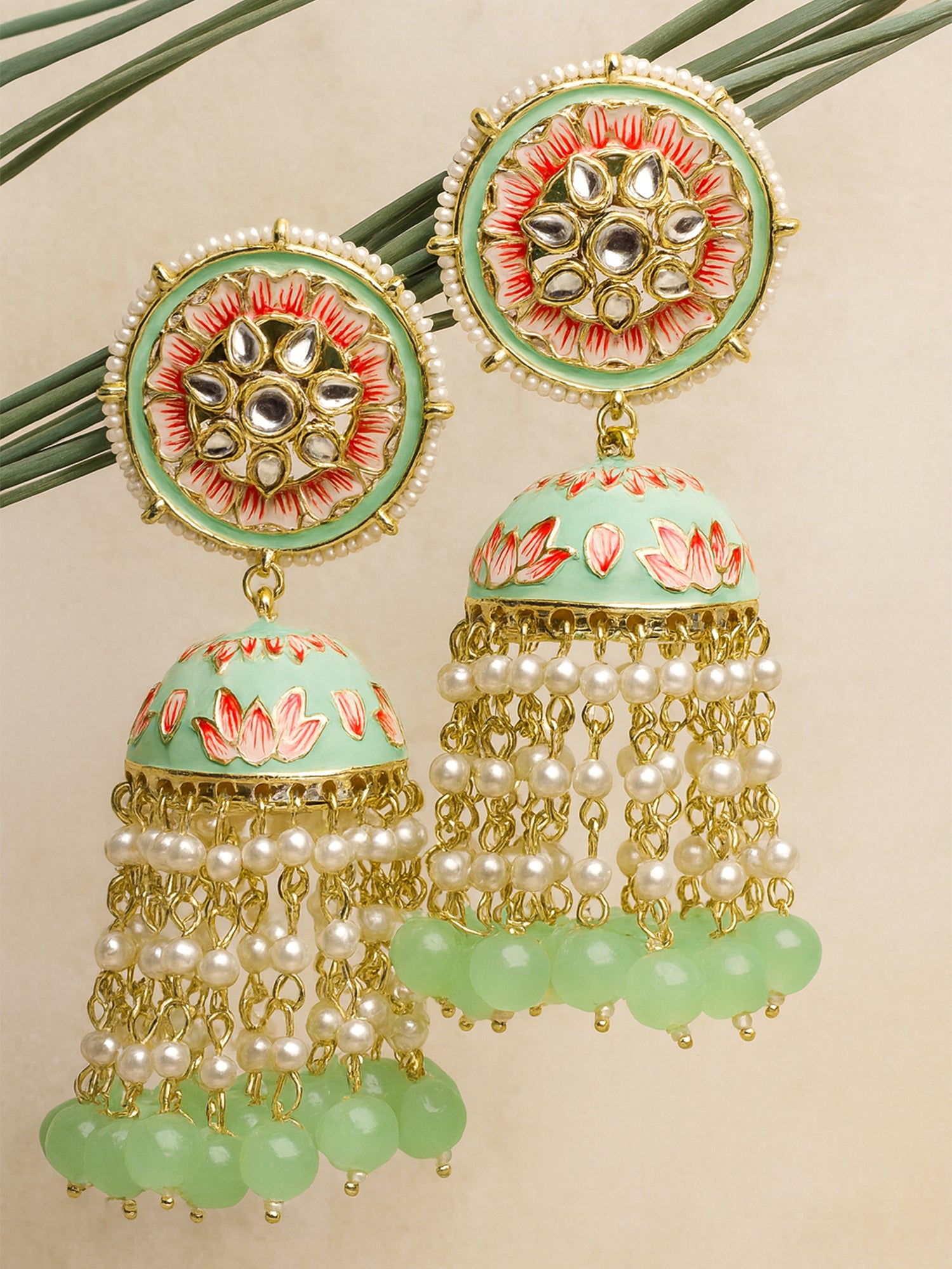Karatcart Gold Plated Lime Green Meena and Pearl Studded Floral Kundan Jhumki Earrings for Women