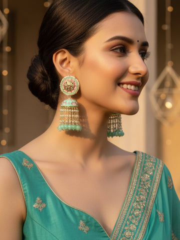 Karatcart Gold Plated Lime Green Meena and Pearl Studded Floral Kundan Jhumki Earrings for Women