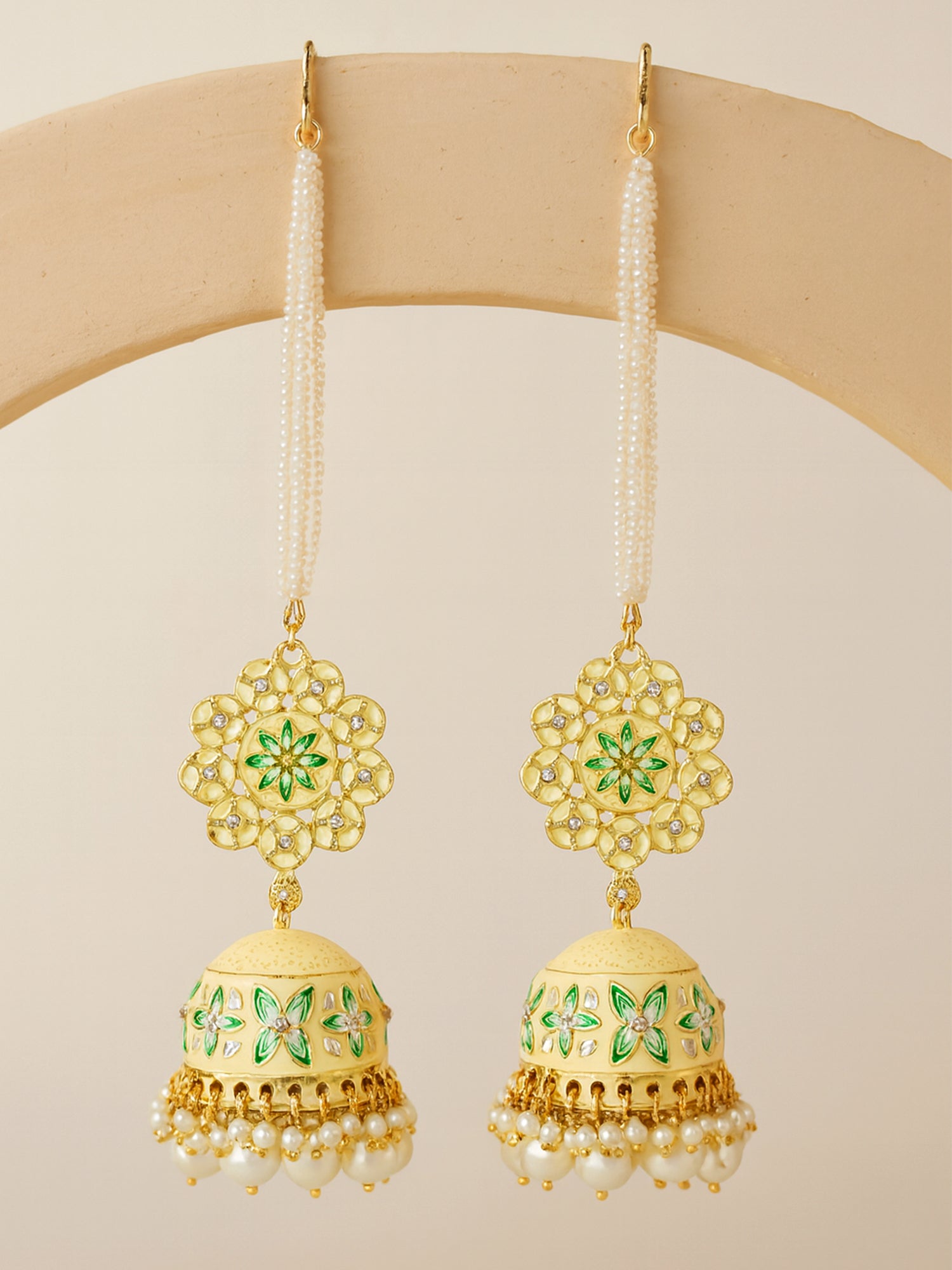 Karatcart Gold Plated Floral Design Pearl Studded Yellow Meena Kaanchain Jhumki Earrings for Women