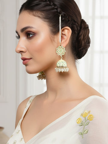 Karatcart Gold Plated Floral Design Pearl Studded Yellow Meena Kaanchain Jhumki Earrings for Women