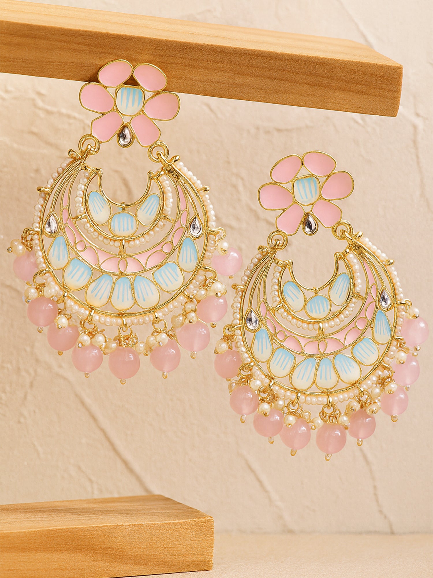 Karatcart Gold Plated Pink Beads and Meena Chandbali Earrings for Women