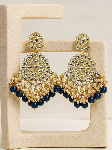 Karatcart Gold Plated Blue Beads and Pearl Studded Kundan Dangler Earrings for Women