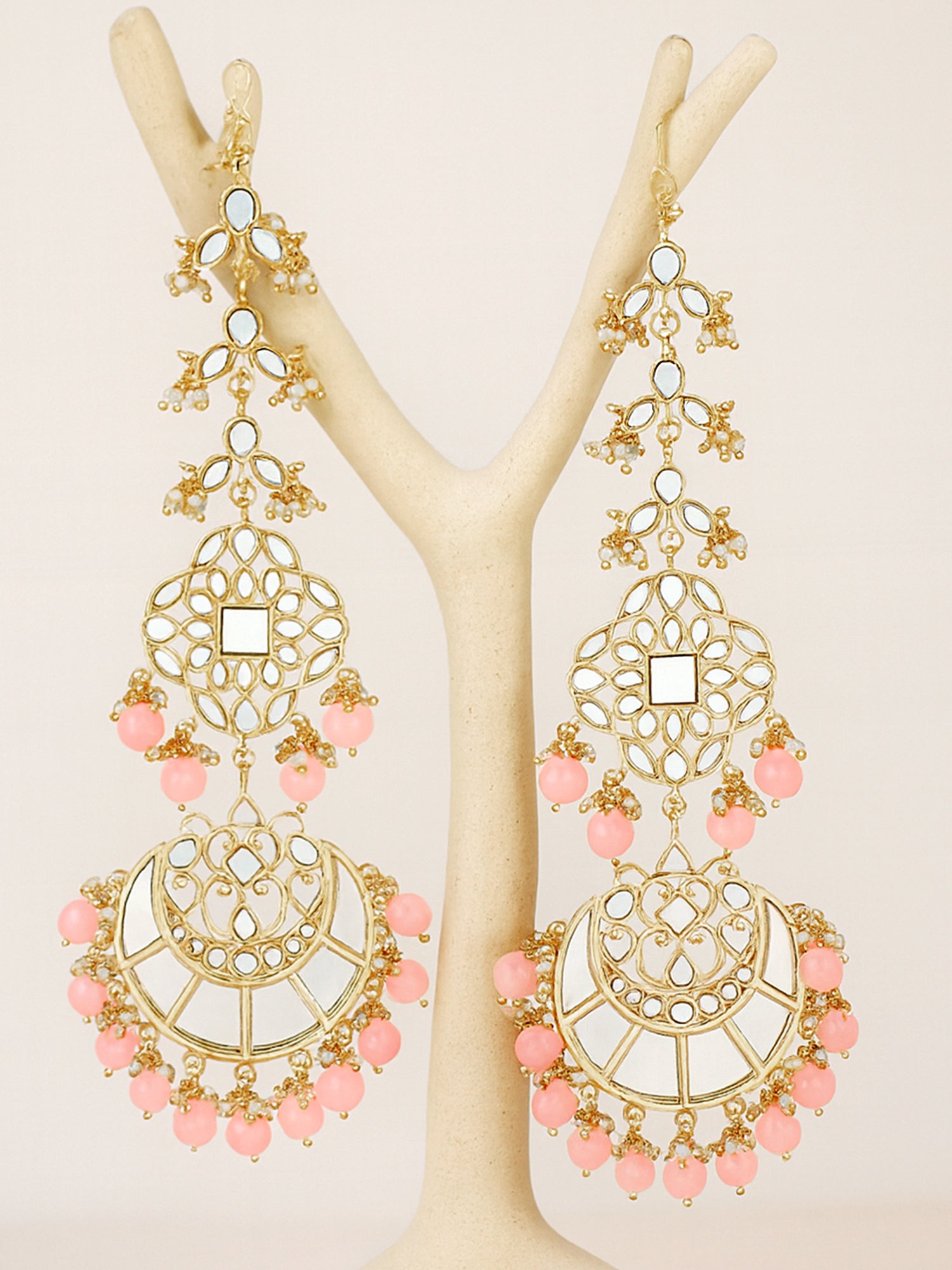 Karatcart Gold Plated Pink Beads Mirror Studded Kaanchain Earrings for Women