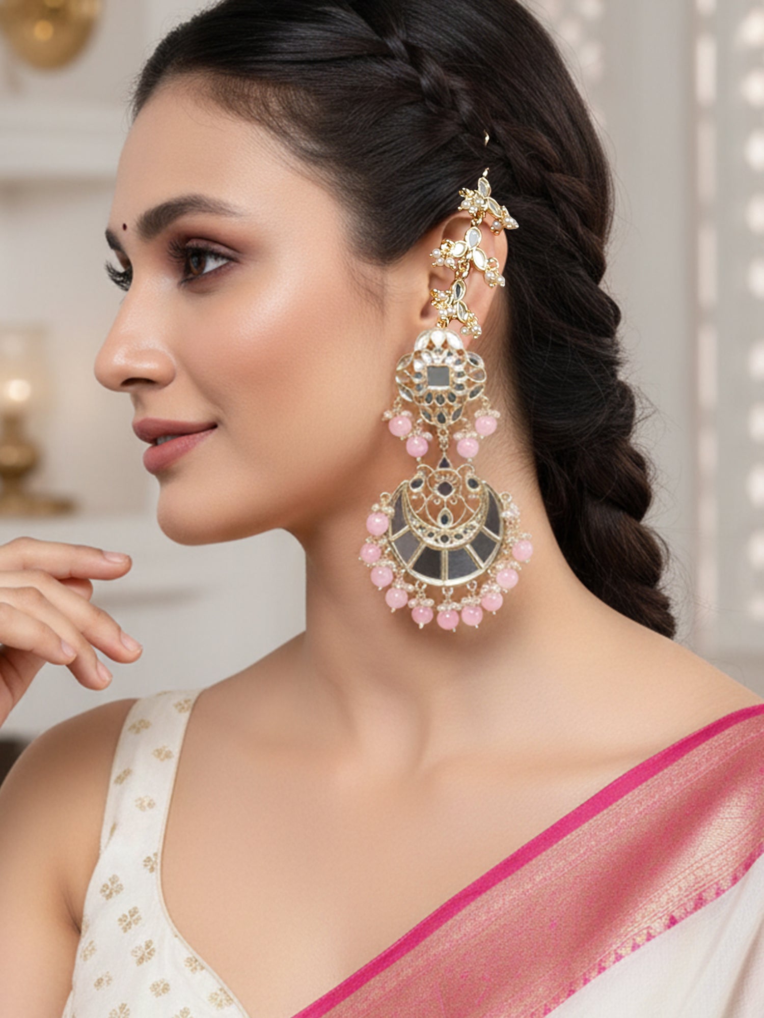 Karatcart Gold Plated Pink Beads Mirror Studded Kaanchain Earrings for Women