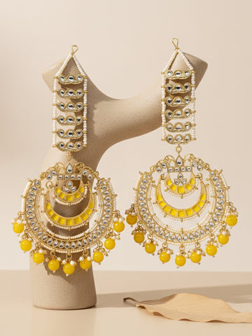 Karatcart Gold Plated Yellow Beads and Kundan Studded Kaanchain Chandbali Earrings for Women