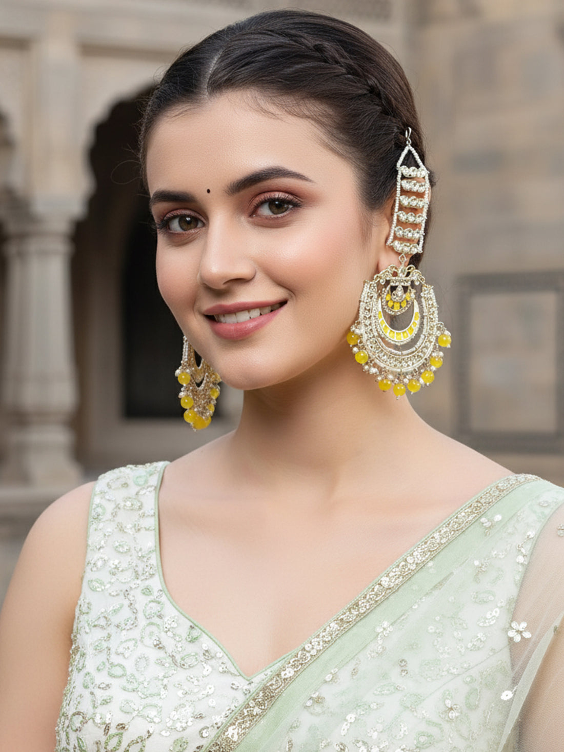 Karatcart Gold Plated Yellow Beads and Kundan Studded Kaanchain Chandbali Earrings for Women