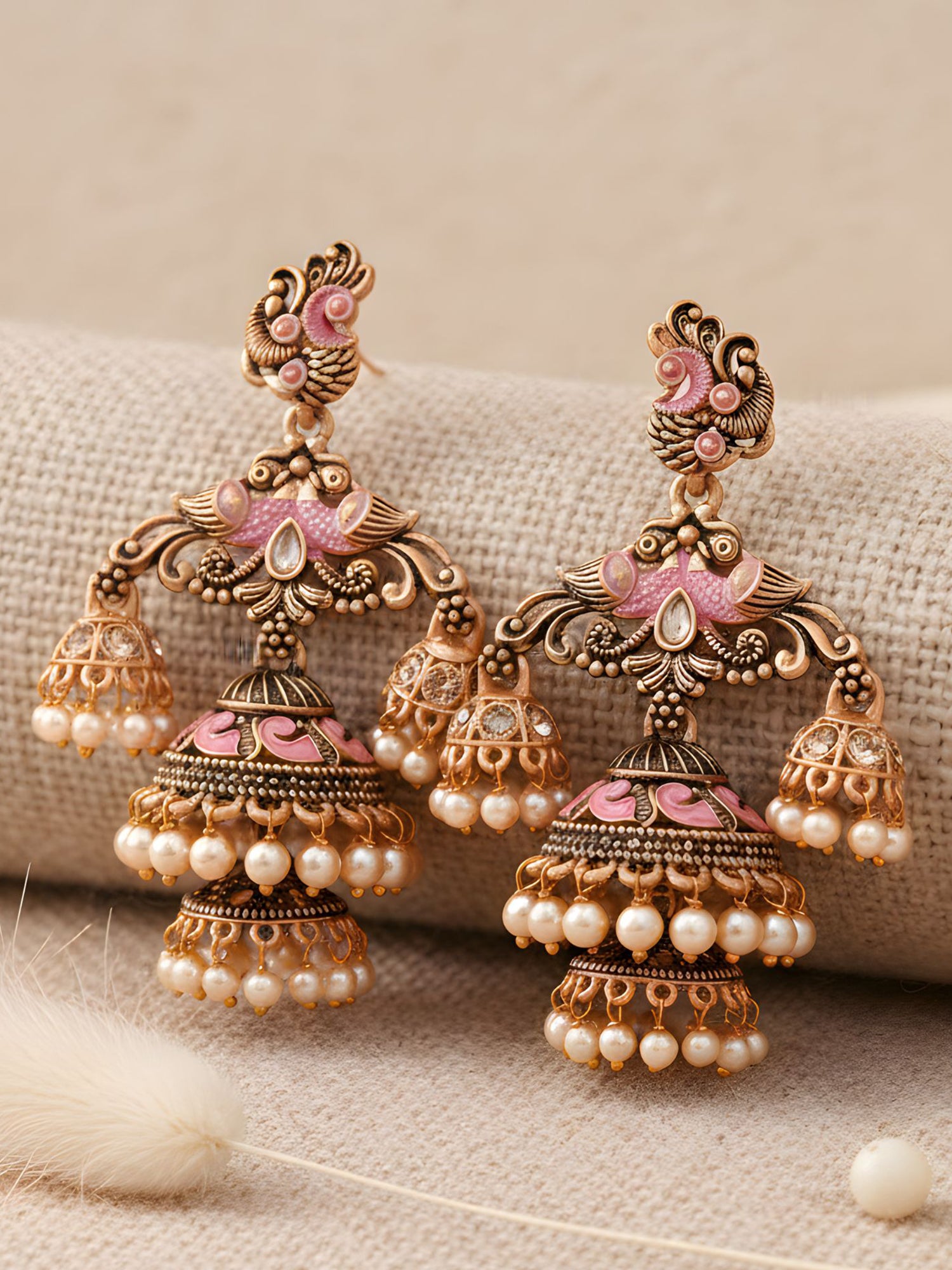 Karatcart Gold Plated Pink Meena Double Jhumki Earrings for Women