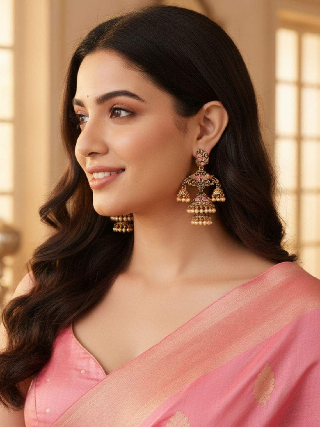 Karatcart Gold Plated Pink Meena Double Jhumki Earrings for Women