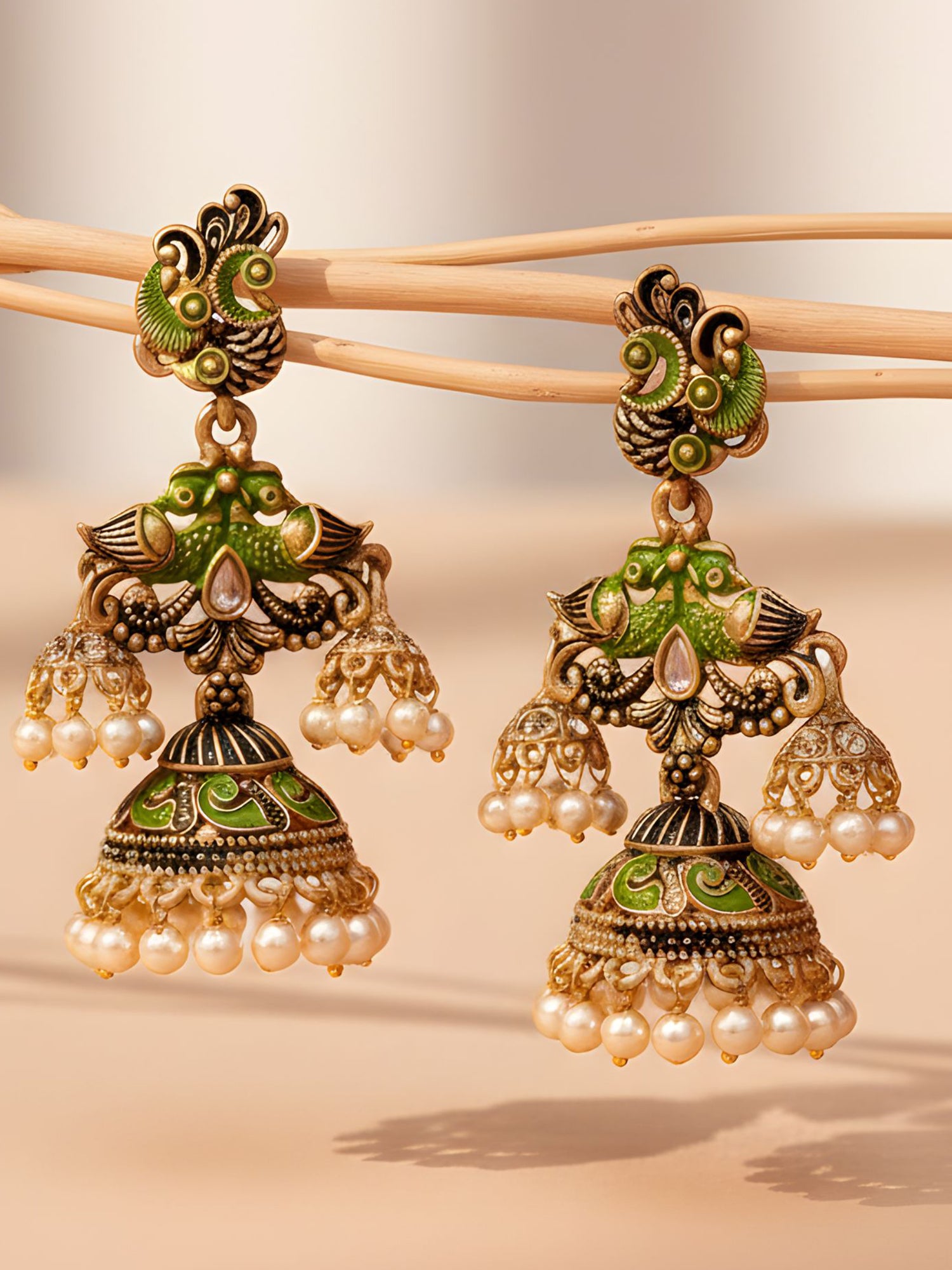 Karatcart Gold Plated Light Green Meena Double Jhumki Earrings for Women