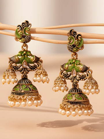 Karatcart Gold Plated Light Green Meena Double Jhumki Earrings for Women
