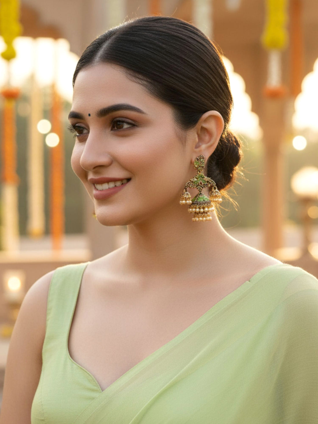 Karatcart Gold Plated Light Green Meena Double Jhumki Earrings for Women