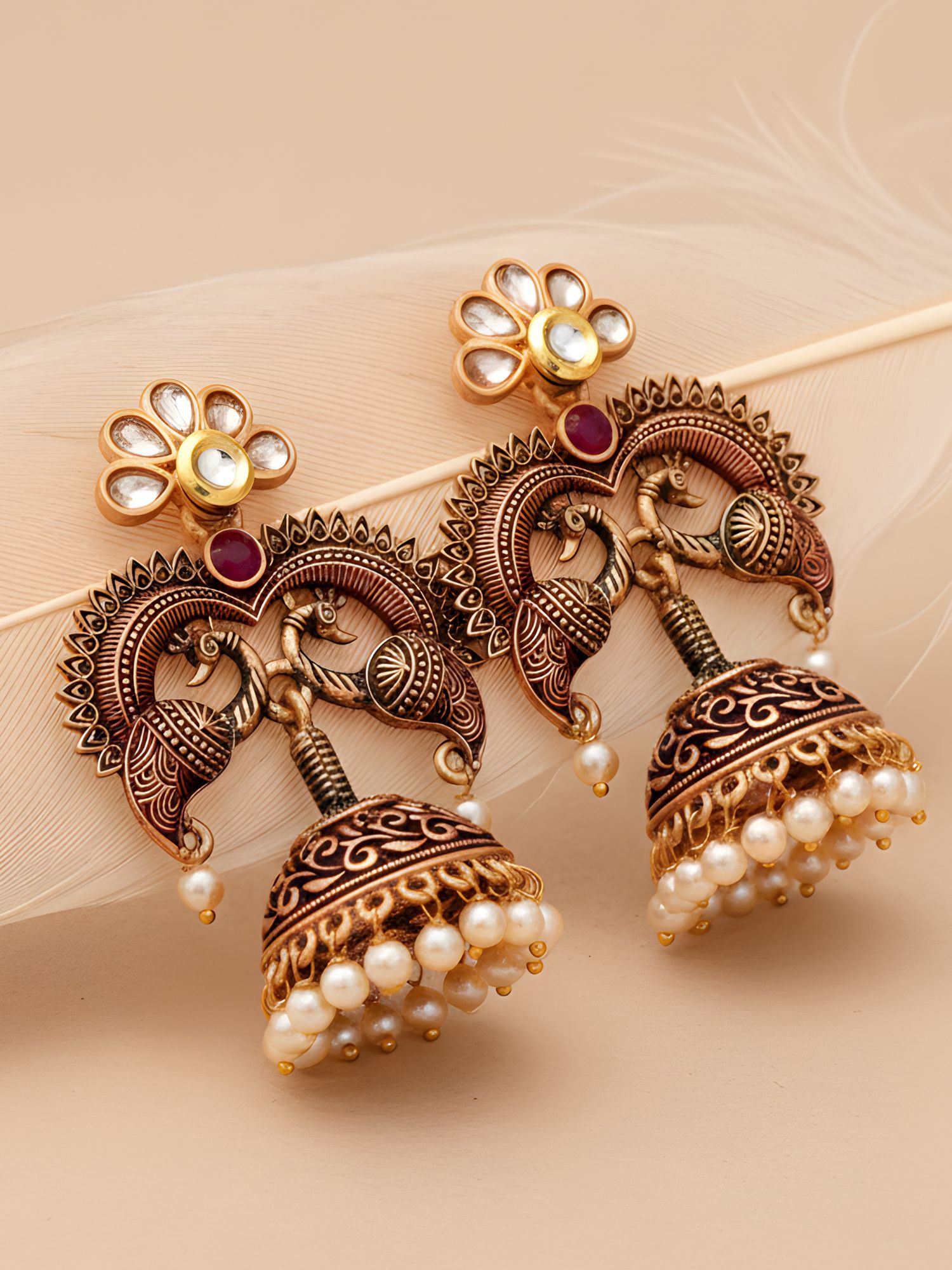 Karatcart Antique Gold Plated Maroon Designer Peacock Jhumki Earrings for Women