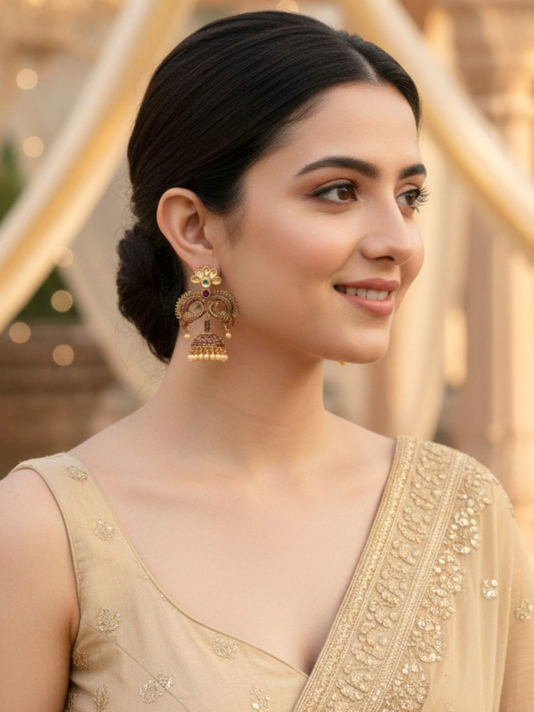 Karatcart Antique Gold Plated Maroon Designer Peacock Jhumki Earrings for Women