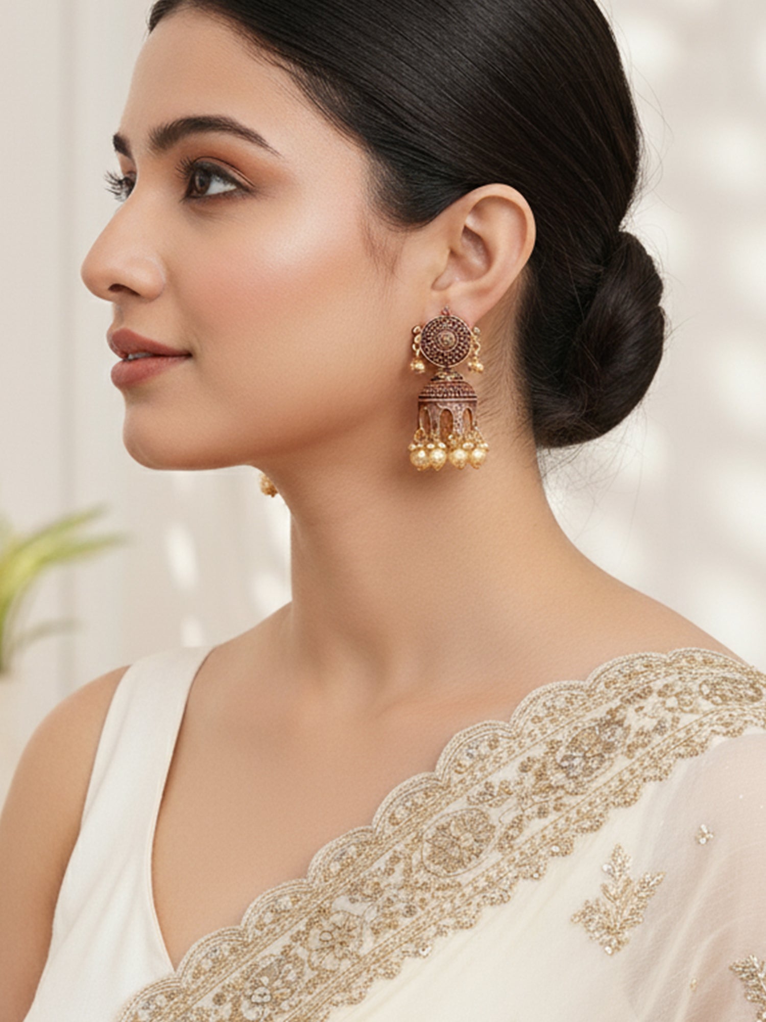 Karatcart Antique Gold Plated Maroon Tomb Style with Golden Pearl Jhumki Earrings for Women