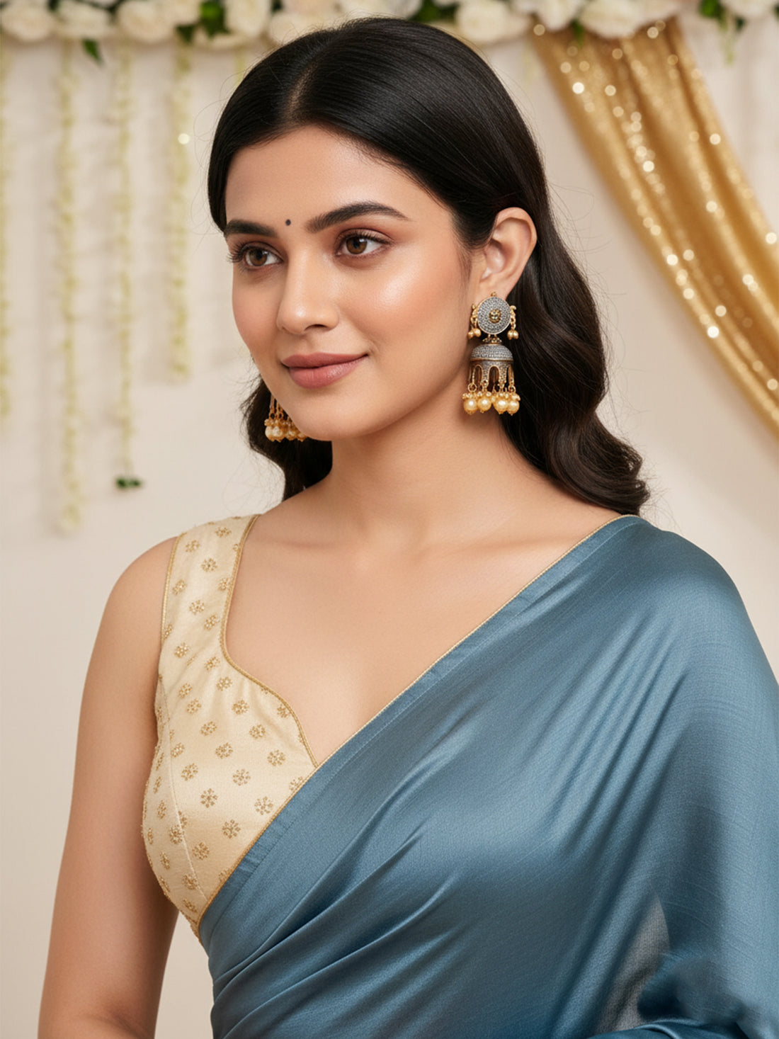 Karatcart Antique Gold Plated Grey Tomb Style with Golden Pearl Jhumki Earrings for Women