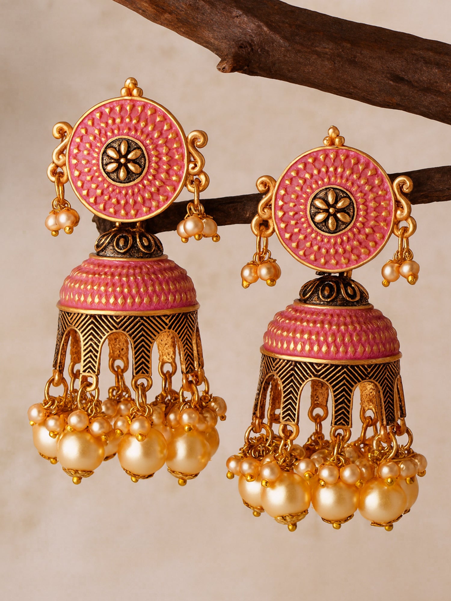 Karatcart Antique Gold Plated PinkTomb Style with Golden Pearl Jhumki Earrings for Women
