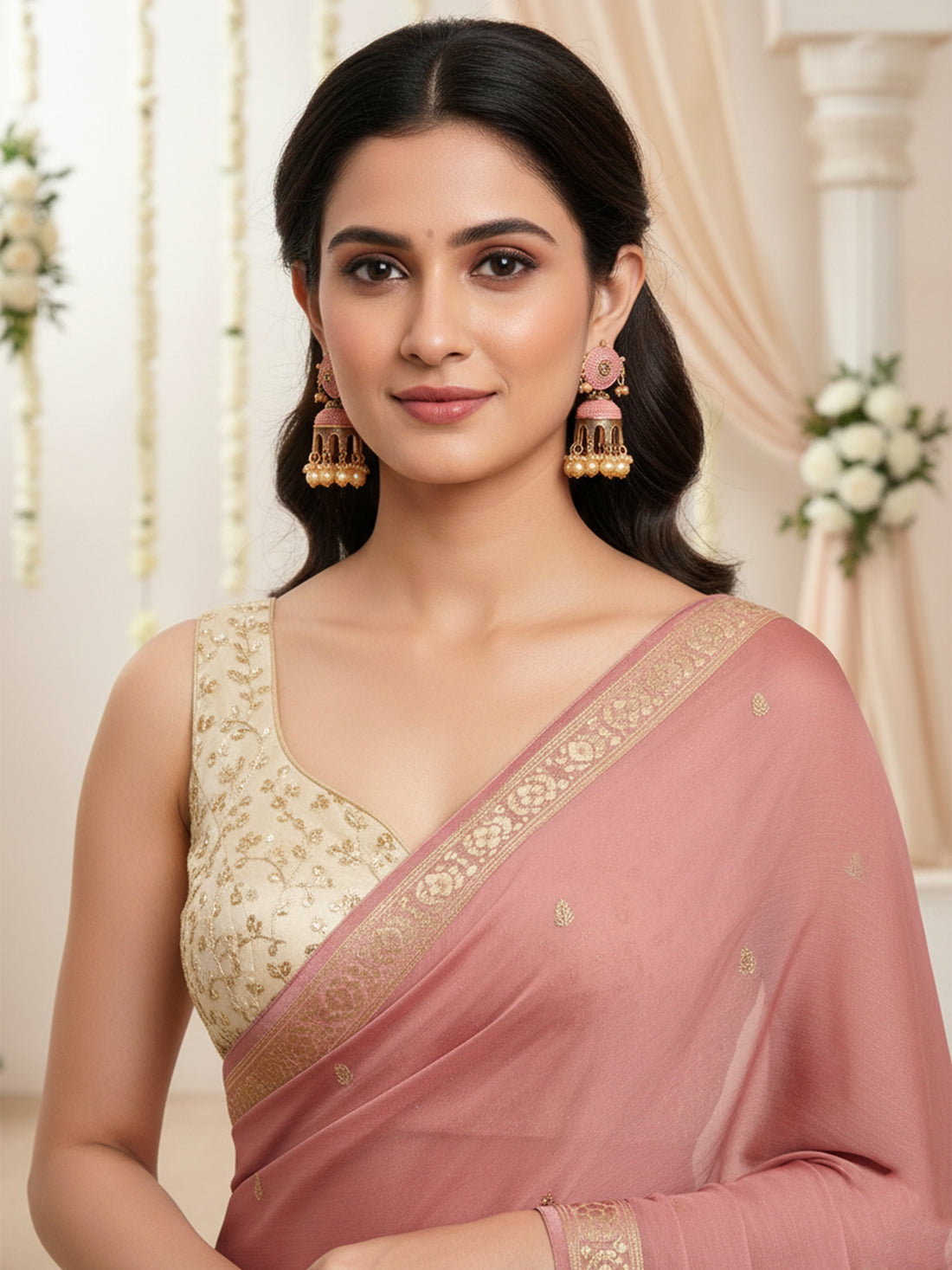 Karatcart Antique Gold Plated PinkTomb Style with Golden Pearl Jhumki Earrings for Women