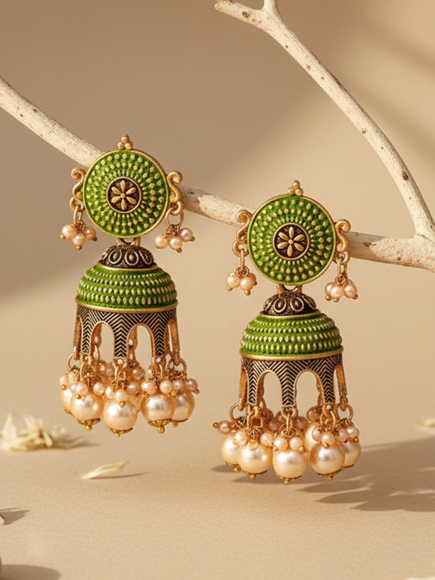 Karatcart Antique Gold Plated Light Green Tomb Style with Golden Pearl Jhumki Earrings for Women