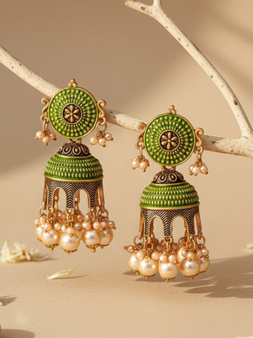 Karatcart Antique Gold Plated Light Green Tomb Style with Golden Pearl Jhumki Earrings for Women