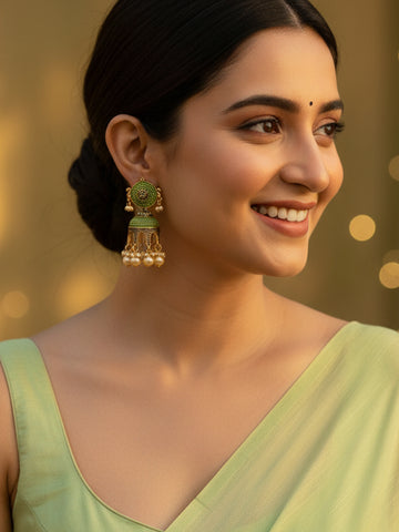 Karatcart Antique Gold Plated Light Green Tomb Style with Golden Pearl Jhumki Earrings for Women