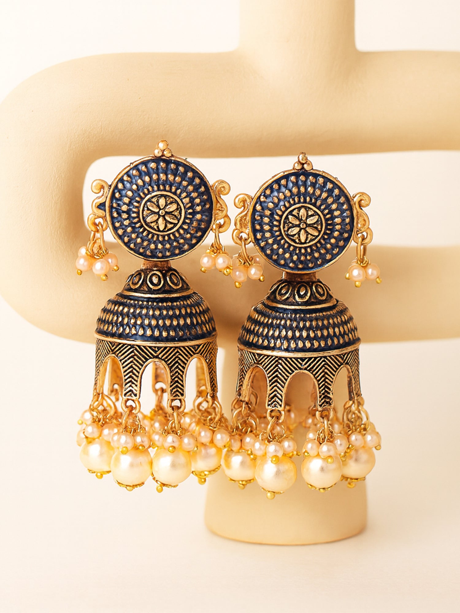 Karatcart Antique Gold Plated Navy Blue Tomb Style with Golden Pearl Jhumki Earrings for Women