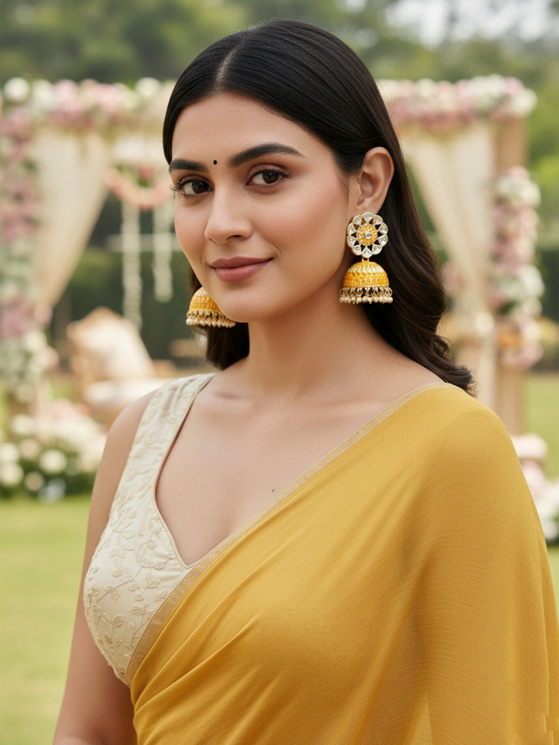 Karatcart Gold Plated Yellow Meena Kunda Studded Jhumki Earrings for Women