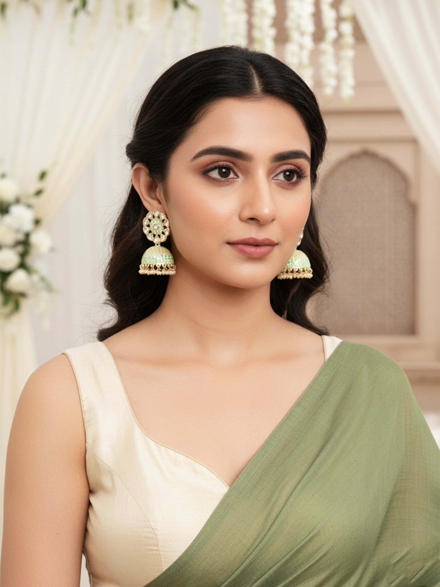 Karatcart Gold Plated Lime Green Meena Kunda Studded Jhumki Earrings for Women