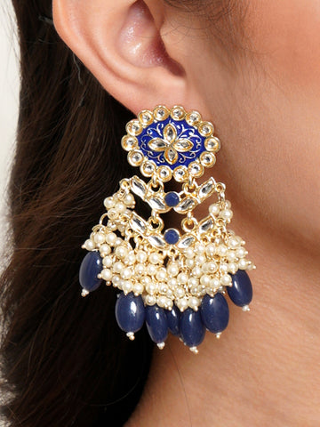 Karatcart Gold Plated Kundan Studded Blue Meena and Tumble Dangler Earrings for Women