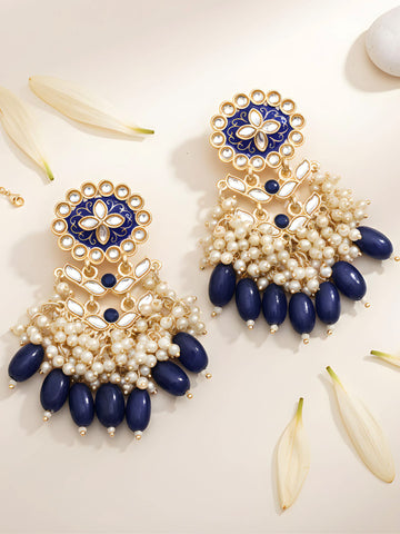 Karatcart Gold Plated Kundan Studded Blue Meena and Tumble Dangler Earrings for Women