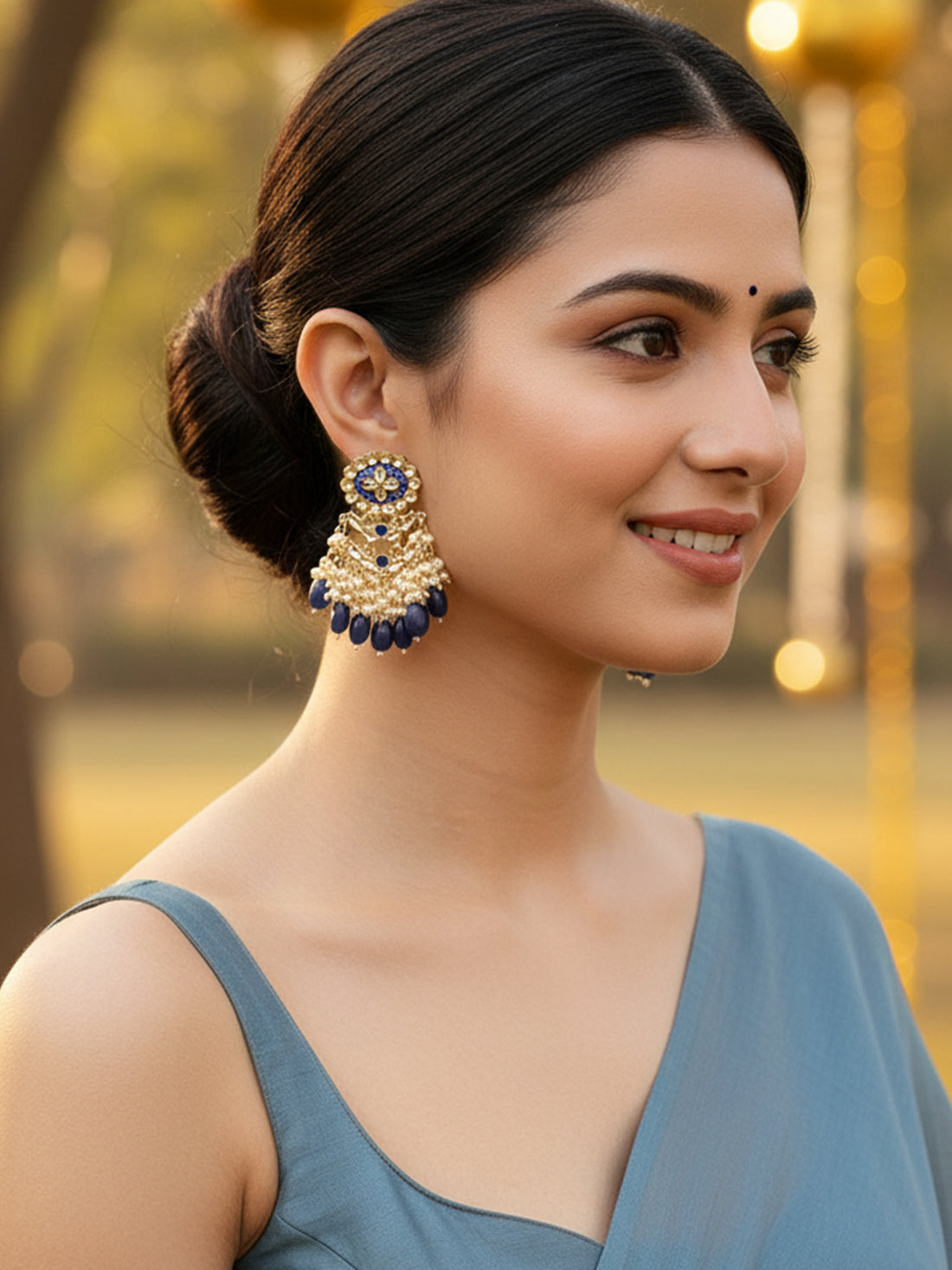 Karatcart Gold Plated Kundan Studded Blue Meena and Tumble Dangler Earrings for Women
