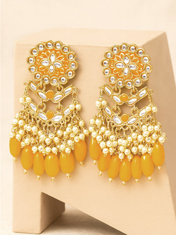 Karatcart Gold Plated Kundan Studded Yellow Meena and Tumble Dangler Earrings for Women