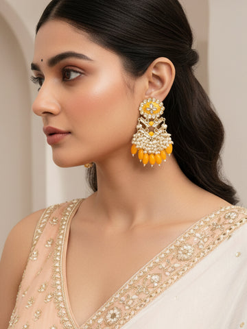 Karatcart Gold Plated Kundan Studded Yellow Meena and Tumble Dangler Earrings for Women