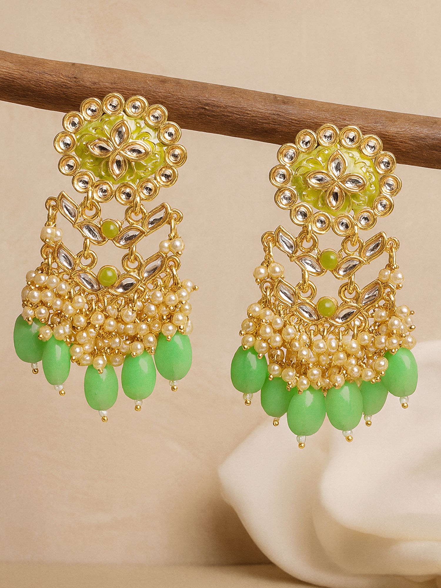 Karatcart Gold Plated Kundan Studded Light Green Meena and Tumble Dangler Earrings for Women