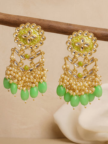 Karatcart Gold Plated Kundan Studded Light Green Meena and Tumble Dangler Earrings for Women