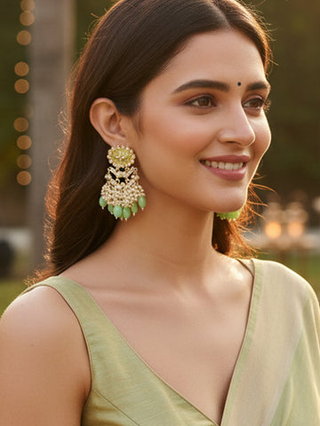 Karatcart Gold Plated Kundan Studded Light Green Meena and Tumble Dangler Earrings for Women
